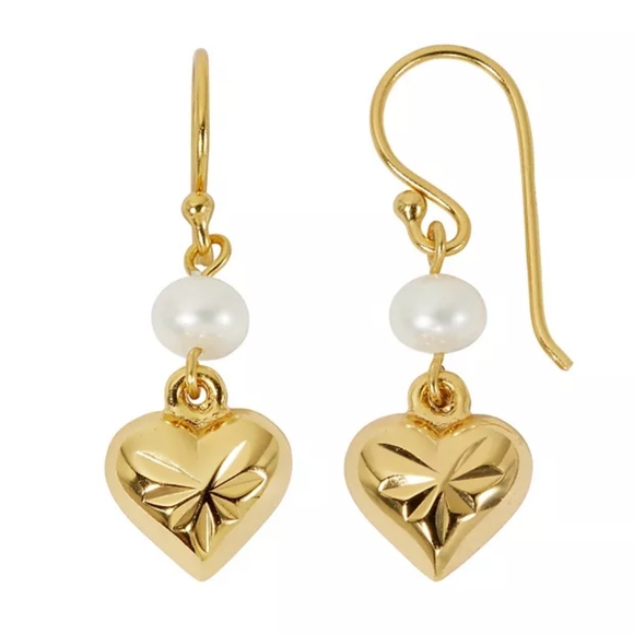 Primavera Italy Jewelry - Heart & Freshwater Pearl Earrrings Primavera Italy 24K Gold / Sterling Silver